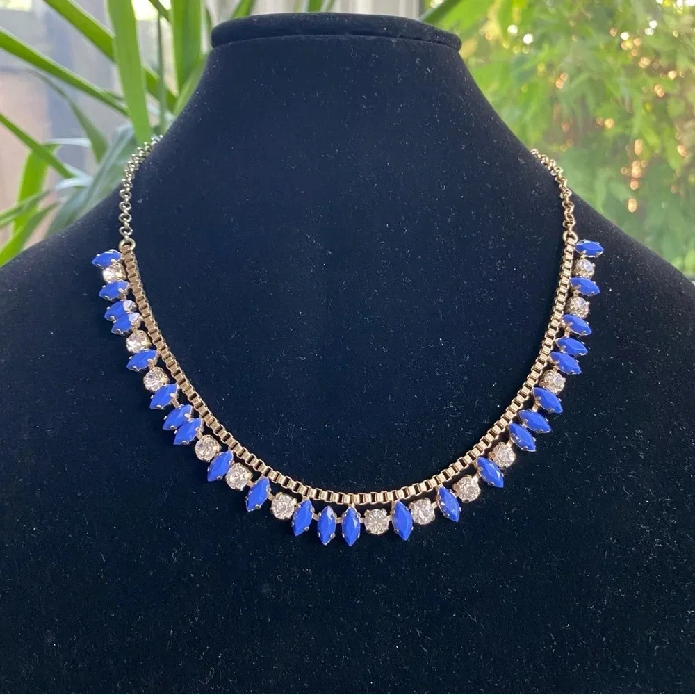 J. Crew Gold Tone Blue and Clear Rhinestone Necklace